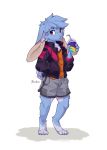  2019 absurd_res anthro barefoot blue_body blue_fur bottomwear cheek_tuft chest_tuft clothed clothing cup facial_tuft full-length_portrait fully_clothed fur head_tuft hi_res holding_cup holding_object jacket lagomorph leporid male mammal portrait rabbit ruribec shirt shorts signature simple_background solo standing topwear tuft white_background 