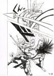  absurdres afterimage battle blank_eyes bodysuit garou_(one-punch_man) greyscale highres holding holding_polearm holding_weapon male_focus monochrome motion_blur murata_yuusuke numbered official_art one-punch_man palm_strike pointy_hair polearm scan spear stinger_(one-punch_man) traditional_media weapon wide-eyed 