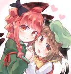  2girls animal_ear_fluff animal_ears black_bow blush bow bowtie braid brown_hair cat_ears cat_tail cheek-to-cheek chen commentary_request dress green_dress green_headwear hand_up hat heart highres holding_hands interlocked_fingers jewelry kaenbyou_rin kibisake long_hair long_sleeves looking_at_viewer mob_cap multiple_girls multiple_tails open_mouth pink_background red_eyes red_hair shirt short_hair single_earring smile tail touhou twin_braids two_tails white_background white_shirt yellow_neckwear 