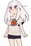  1girl black_shorts blush carrot contemporary cowboy_shot do_m_kaeru fire_emblem fire_emblem:_three_houses long_hair lysithea_von_ordelia no_symbol pink_eyes shirt shorts simple_background solo t-shirt twitter_username white_background white_hair white_shirt 