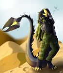  2020 anthro biped black_body claws clothed clothing desert digital_media_(artwork) dragon dragon_scale_armor fur grey_body hair hi_res horn male membrane_(anatomy) military military_uniform nefer outside sa-chat sand scales scalie simple_background sky solo uniform yellow_body yellow_eyes 