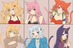 6+girls akai_haato alternate_costume animal_ear_fluff animal_ears artist_name bangs bell bell_choker black_hair blonde_hair blue_hair blue_hoodie blunt_bangs breasts brown_sweater cat_ears cat_tail choker claw_pose cleavage cleavage_cutout clothing_cutout english_commentary eyepatch fang gawr_gura hand_in_hair hololive hololive_english hood hoodie kemonomimi_mode large_breasts looking_at_viewer medium_breasts mole mole_under_eye mori_calliope multiple_girls ninomae_ina&#039;nis one_eye_covered open_mouth orange_hair pink_eyes pink_hair purple_sweater red_eyes ribbed_sweater short_hair sleeves_past_fingers sleeves_past_wrists sweater tail takanashi_kiara ten-chan_(eternal_s) two_side_up virtual_youtuber watson_amelia 