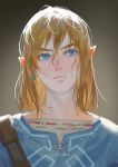  1boy artist_name backlighting bangs blonde_hair blue_eyes blue_tunic closed_mouth commentary_request earrings expressionless face gatorix grey_background hair_between_eyes jewelry link long_hair looking_to_the_side male_focus pointy_ears portrait simple_background solo the_legend_of_zelda the_legend_of_zelda:_breath_of_the_wild 