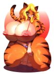  anthro areola areola_slip big_breasts bikini breasts clothing curvy_figure felid female hair hi_res huge_breasts kneeling mammal nipple_outline one_eye_closed pantherine riendonut solo stars_and_stripes swimwear tabytha_starling thick_thighs tiger united_states_of_america voluptuous wide_hips wink 