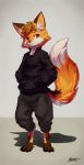  2019 absurd_res anthro barefoot bottomwear brown_body brown_fur canid canine cheek_tuft clothed clothing facial_tuft fluffy fluffy_tail fox full-length_portrait fully_clothed fur hi_res inner_ear_fluff jacket male mammal multicolored_body multicolored_fur orange_body orange_fur pants portrait ruribec signature solo standing topwear tuft white_body white_fur 