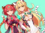  2girls animal_ears aqua_background bangs bare_shoulders black_gloves blonde_hair breasts chest_jewel cleavage_cutout clothing_cutout cowboy_shot dress dutch_angle earrings elbow_gloves enni eyebrows_visible_through_hair fingerless_gloves gloves jewelry large_breasts long_hair looking_at_viewer multiple_girls mythra_(xenoblade) pyra_(xenoblade) red_eyes red_hair short_dress short_hair smile swept_bangs tail tiara tiger_ears tiger_tail very_long_hair white_dress white_gloves xenoblade_chronicles_(series) xenoblade_chronicles_2 yellow_eyes 