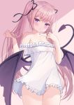  1girl bangs bare_shoulders black_ribbon blush breasts cleavage commentary demon_girl demon_tail demon_wings dress eyebrows_visible_through_hair frilled_dress frills groin hair_ribbon hands_up highres long_hair low_wings no_panties off-shoulder_dress off_shoulder original parted_lips pink_background pink_hair purple_eyes purple_wings ribbon see-through see-through_sleeves sidelocks small_breasts solo standing tail tail_raised twintails two-tone_background very_long_hair wings yuutii 