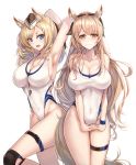  2girls 3: :d animal_ear_fluff animal_ears arknights armpits arms_behind_head arms_up bare_arms bare_shoulders blemishine_(arknights) breasts cleavage competition_swimsuit covered_navel cowboy_shot frown groin hair_ribbon hat highleg highleg_swimsuit highres horse_ears large_breasts multiple_girls one-piece_swimsuit open_mouth ponytail ribbon simple_background smile standing sweatband swimsuit thigh_strap thighs whislash_(arknights) whistle white_background white_swimsuit yuemanhuaikong 