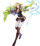  1girl armor bangs belt blonde_hair blue_eyes book boots breasts cape celina_(fire_emblem) cleavage collarbone earrings elbow_gloves fire_emblem fire_emblem:_the_sacred_stones fire_emblem_heroes full_body gloves highres holding holding_book jewelry lightning long_hair looking_away magic medium_breasts official_art open_mouth pants shoulder_armor solo thigh_boots thighhighs transparent_background wada_sachiko white_gloves white_pants 
