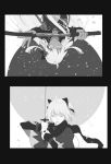  2girls black_border border bow closed_eyes dual_persona facing_viewer fate/grand_order fate_(series) greyscale hair_bow highres holding holding_sword holding_weapon katana long_hair looking_at_viewer monochrome multiple_girls okita_souji_(alter)_(fate) okita_souji_(fate) okita_souji_(fate)_(all) parted_lips sankomichi scabbard scarf sheath short_hair sword unsheathing upside-down weapon 