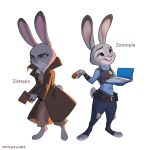  1:1 2020 anthro barefoot belt carrot_pen clothed clothing coat dipstick_ears disney fully_clothed fur grey_body grey_fur hi_res holding_object judy_hopps lagomorph leporid mammal misayumeow multicolored_ears open_mouth open_smile police_uniform purple_eyes rabbit simple_background smile standing topwear uniform white_background zistopia zootopia 