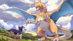  16:9 2020 3_claws 3_fingers 3_toes ambiguous_gender angry battle biped black_outline blitz_(gyro) blitzdrachin blue_eyes blue_kerchief blue_membrane blue_neckerchief blue_pupils blue_sky blue_wings charizard charizard_seven cheek_tuft claws cloud colored conditional_dnp countershade_tail countershade_torso countershading cute_fangs day detailed_background digital_media_(artwork) digital_painting_(artwork) duo english_text facial_scar facial_tuft fangs featureless_crotch feral finger_claws fingers fire flaming_tail fur fur_tuft grass green_eyes holding_knife holding_object horn iris kerchief knife landscape light looking_up mammal membrane_(anatomy) membranous_wings mountain mouth_hold multicolored_body multicolored_fur multicolored_tail narrowed_eyes neckerchief nintendo one_eye_obstructed open_mouth orange_body orange_tail orange_tongue orange_wings outline outside pok&eacute;mon pok&eacute;mon_(species) pok&eacute;mon_mystery_dungeon prick_ears pupils purple_body purple_ears purple_fur purple_tail quadruped quilava rear_view red_spots reptile scalie scar shaded shadow sharp_claws signature size_difference sky slit_pupils smile snout spots spotted_body spotted_fur spread_wings standing sunlight text three-quarter_view toe_claws toes tongue tree tuft two_tone_body two_tone_fur two_tone_tail two_tone_wings video_games white_body white_claws white_countershading white_tail widescreen wings yellow_body yellow_fur yellow_tail 