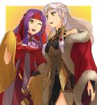  2girls :d ;d a_(user_vtsy8742) bangle black_dress black_gloves bracelet bridal_gauntlets circlet coat dress fire_emblem fire_emblem:_radiant_dawn fire_emblem_cipher gloves half_updo headband highres hime_cut jewelry long_hair long_sleeves micaiah_(fire_emblem) multiple_girls official_alternate_costume one_eye_closed open_mouth purple_hair red_coat sanaki_kirsch_altina side_slit silver_hair sleeveless sleeveless_dress smile teeth turtleneck_dress yellow_eyes 