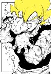  1boy absurdres blonde_hair dougi dragon_ball dragon_ball_z greyscale highres male_focus monochrome muscle niwarizumu powering_up sleeveless solo son_goku spiked_hair spot_color super_saiyan torn_clothes upper_body yellow_eyes 