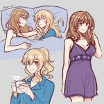  2girls akamirai alternate_costume artist_name bed blonde_hair blue_eyes blue_shirt breasts casual cleavage collarbone cup dress english_commentary genshin_impact green_eyes hair_down holding holding_cup jean_gunnhildr light_brown_hair lisa_(genshin_impact) long_hair long_sleeves looking_at_viewer multiple_girls nightgown parted_lips pillow ponytail purple_dress shirt sidelocks sideways_glance sleeping smile spaghetti_strap twitter_username under_covers yuri 