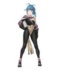  1girl ahoge bangs black_bodysuit black_gloves blue_hair bodysuit breasts cape earrings fire_emblem fire_emblem_heroes full_body gloves hand_on_hip head_tilt highres jewelry kozaki_yuusuke long_hair looking_at_viewer official_art parted_lips ponytail reginn_(fire_emblem) shiny shiny_hair skin_tight small_breasts smile solo standing tied_hair transparent_background yellow_eyes 