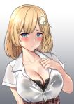  1girl black_bra blonde_hair blue_eyes blush bra breasts cleavage collarbone commentary english_commentary hair_ornament highres hololive hololive_english kangbus large_breasts monocle_hair_ornament simple_background solo sweat underwear virtual_youtuber watson_amelia 