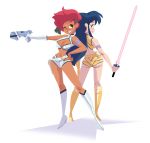  2girls back-to-back blue_hair boots breasts brown_eyes cleavage_cutout clothing_cutout dirty_pair energy_sword english_commentary gun highres holding holding_gun holding_sword holding_weapon kei_(dirty_pair) looking_at_viewer looking_back medium_breasts multiple_girls navel nick_swift one_eye_closed parted_lips red_hair short_hair smile sword weapon white_footwear wide_hips yellow_footwear yuri_(dirty_pair) 