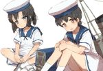  2girls alchera black_hair blue_eyes bob_cut box brown_eyes daitou_(kantai_collection) dress grin hat hiburi_(kantai_collection) high_ponytail kantai_collection looking_at_viewer low_ponytail machinery multiple_girls sailor_collar sailor_dress sailor_hat shoes short_hair short_sleeves sidelocks sitting smile socks uwabaki white_dress white_legwear 