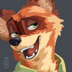  1:1 2020 anthro canid canine dipstick_ears disney fangs fluffy fox green_eyes grey_background hi_res mammal multicolored_ears nick_wilde open_mouth open_smile orange-fur red_fox simple_background smile solo teeth tongue zhearun zootopia 