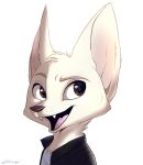  2019 anthro brown_eyes canid canine clothed clothing fangs fur head_tuft hi_res mammal open_mouth open_smile ribbontini signature simple_background smile solo tongue tuft white_background white_body white_fur 