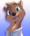  2019 black_nose blue_background clothed clothing gradient_background head_tuft hi_res lutrine mammal mustelid open_mouth open_smile ribbontini signature simple_background smile solo teeth tongue tuft whiskers 