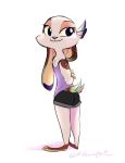  2019 anthro bottomwear brown_body brown_fur clothed clothing female fully_clothed fur hi_res lagomorph leporid looking_at_viewer looking_back looking_back_at_viewer mammal multicolored_body multicolored_fur rabbit ribbontini shirt shorts signature simple_background smile solo tank_top topwear white_background white_body white_fur 