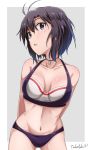  1girl absurdres ahoge black_hair choker highres idolmaster idolmaster_(classic) idolmaster_million_live! kikuchi_makoto navel no_legs portrait short_hair solo swimsuit takatsuki_p 