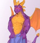  2020 activision anthro blush dragon famir_(artist) hi_res holding_object holding_towel male membrane_(anatomy) membranous_wings nude purple_eyes scalie shy signature simple_background solo spyro_the_dragon standing towel video_games western_dragon white_background wings 