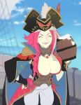  1girl absurdres black_coat blue_sky blush braid breasts cleavage closed_eyes coat cowboy_shot day epaulettes facing_viewer fate/grand_order fate_(series) foam_mustache francis_drake_(fate) gloves hand_up hat highres holding large_breasts long_hair open_clothes open_coat outdoors pale_skin pink_hair pirate_hat sankomichi ship single_braid sky smile solo tankard watercraft white_gloves 