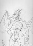  abs anthro belly_scales biped breasts dragon ear_frill featureless_breasts female finger_claws frill_(anatomy) genitals hand_on_hip horn lanwin membrane_(anatomy) membranous_frill membranous_wings monochrome muscular muscular_anthro muscular_female nude pussy scales scalie simple_background smoke solo standing traditional_media_(artwork) western_dragon wing_claws wings 