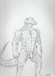  5_fingers abs anthro balls belly_scales biped crocodilian fingers flaccid genitals lanwin male monochrome muscular muscular_anthro muscular_male nude penis reptile scaled_tail scales scalie signature simple_background snout solo standing teeth traditional_media_(artwork) 