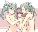  3girls black_hairband blush breasts brown_eyes brown_hair cleavage commission facing_another green_eyes green_hair hair_flaps hair_ribbon hairband hatsuzuki_(kantai_collection) isuzu_(kantai_collection) kantai_collection large_breasts multiple_girls nude ribbon sadakuma short_hair sideboob skeb_commission twintails upper_body white_ribbon zuikaku_(kantai_collection) 