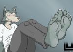  5_toes absurd_res animal_humanoid anthro beastars blush canid canid_humanoid canine canine_humanoid canis claws clothing embarrassed feet feet_up foot_fetish fur grey_body grey_fur hi_res hindpaw humanoid hybrid legoshi_(beastars) lu123 male mammal mammal_humanoid pajamas paws simple_background soles solo tan_body tan_face tan_fur toe_claws toes wolf wolf_humanoid wolfdog 