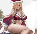  1girl :d animal_ears bangs bare_shoulders bell bikini black_choker blonde_hair blush bobblehat bottle breasts buckle choker cleavage collarbone commentary_request detached_sleeves drill_hair eyebrows_visible_through_hair fate/grand_order fate_(series) fur-trimmed_bikini fur-trimmed_headwear fur-trimmed_sleeves fur_trim hat large_breasts long_sleeves looking_at_viewer misako12003 open_mouth red_headwear santa_bikini santa_hat simple_background sitting smile solo suzuka_gozen_(santa)_(fate) swimsuit thighs twitter_username underbust white_background yellow_eyes 