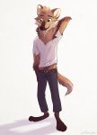  2020 anthro barefoot belt bottomwear brown_body brown_fur canid canine clothing fur hi_res male mammal maned_wolf pants ribbontini shirt signature simple_background solo standing t-shirt topwear vulpesvant_(character) white_background 