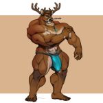  1:1 2020 anthro antlers better_version_at_source big_bulge big_muscles brown_hair bulge cervid clothing deltoids hair horn huge_muscles jewelry male mammal muscular muscular_anthro muscular_male necklace oldshep pubes quads simple_background solo standing thong triceps underwear 