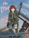  1girl amami_haruka blue_sky blush brown_hair character_name closed_eyes cockpit english_text f-2 harness highres idolmaster military notebook omichi_(gutteli) pilot_suit pink_ribbon ribbon sky smile solo v 
