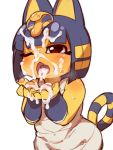  2020 3:4 animal_crossing ankha_(animal_crossing) anthro blue_hair blush bodily_fluids cum cum_in_hair cum_in_mouth cum_inside cum_on_face cum_on_hand cupped_hands domestic_cat eyebrow_through_hair eyebrows felid feline felis female fukurou0807 genital_fluids hair hi_res mammal nintendo one_eye_closed open_mouth pawpads portrait simple_background solo striped_tail stripes sweat three-quarter_portrait tongue tongue_out translucent translucent_hair uraeus video_games white_background 