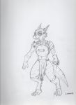  anthro bottomwear claws clothed clothing eyewear fingers footwear gloves goggles handwear headgear headwear horn kobold lanwin loincloth male monochrome partially_clothed scales scalie shoulder_pads signature simple_background smile snout solo toe_claws topwear torn_clothing traditional_media_(artwork) 
