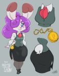  anthro blue_eyes bottomwear chalo clock clothing female hair lagomorph leporid mammal mayor_snow office_clothing pocketwatch purple_hair rabbit short short_stack skirt smile solo suit watch 