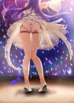  1girl arm_up ass azur_lane bare_legs blurry blurry_background concert depth_of_field detached_sleeves dress from_behind full_body glowstick haneru high_heels highres long_hair long_sleeves masturbation motion_lines panties pink_panties public_masturbation purple_hair pussy_juice rope_marks see-through sex_toy shibari_marks solo_focus standing trembling twitter_username underwear unicorn_(azur_lane) very_long_hair vibrator white_dress white_footwear 