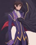  1boy artist_name ascot bangs black_cape black_gloves blue_jacket blue_pants brown_hair cape clenched_hand code_geass cowboy_shot eyebrows_visible_through_hair gloves hair_between_eyes hand_up highres jacket lelouch_lamperouge looking_at_viewer male_focus open_mouth pants purple_eyes short_hair sidelocks signature simple_background solo two-sided_fabric v-shaped_eyebrows white_background white_neckwear wozue 