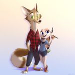  1:1 2019 anthro barefoot blue_eyes bottomwear canid canine clothed clothing duo female fox full-length_portrait fully_clothed fur gradient_background green_eyes hi_res holding_object lagomorph leporid male mammal open_mouth open_smile pants portrait rabbit ribbontail_(character) ribbontini shirt shorts simple_background smile standing topwear vulpesvant_(character) 