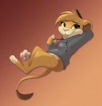  2020 absurd_res anthro blep bottomless brown_background brown_body brown_eyes brown_fur claws clothed clothing felid fur gradient_background head_tuft hi_res hoodie lion mammal pantherine pawpads pink_pawpads ribbontini signature simple_background solo toe_claws tongue tongue_out topwear tuft 