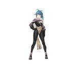  1girl absurdres ahoge bangs black_bodysuit black_gloves blue_hair bodysuit breasts cape closed_mouth earrings fire_emblem fire_emblem_heroes full_body gloves hand_on_hip head_tilt highres jewelry kozaki_yuusuke long_hair looking_at_viewer official_art ponytail reginn_(fire_emblem) shiny shiny_hair simple_background skin_tight small_breasts solo standing tied_hair white_background yellow_eyes 