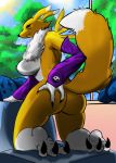  anthro armwear big_butt blue_eyes breasts butt canid clothing digimon digimon_(species) female fur furniture hi_res looking_back mammal mostly_nude raised_tail rear_view renamon rudestboy side_boob solo thick_thighs toes white_body white_fur wide_hips yellow_body yellow_fur 