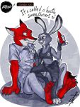  2020 absurd_res anthro barefoot belt bottomwear buckteeth canid canine carrot_pen claws clothed clothing dialogue disney duo english_text female fox fully_clothed fur hi_res holding_object inktober inktober_2020 irenka_nikitina judy_hopps lagomorph leporid male mammal necktie_grab nick_wilde open_mouth open_smile pants pawpads rabbit red_fox shirt simple_background sitting smile standing teeth text toe_claws topwear zootopia 