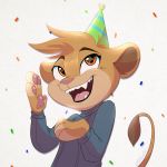  1:1 2020 anthro brown_body brown_fur clothed clothing confetti fangs felid fur hat head_tuft headgear headwear hi_res lion mammal open_mouth open_smile pantherine party_hat pawpads pink_pawpads ribbontini simple_background smile solo teeth tongue tuft white_background 