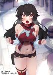  1girl :o ak4ci alternate_costume amber_(genshin_impact) bare_shoulders blush breasts brown_hair brown_shorts clenched_hands crop_top detached_sleeves genshin_impact hair_ornament highres large_breasts long_sleeves looking_at_viewer midriff navel red_eyes red_scarf scarf short_shorts shorts sideboob single_thighhigh sleeveless solo sparkle sparkling_eyes sweat thighhighs 